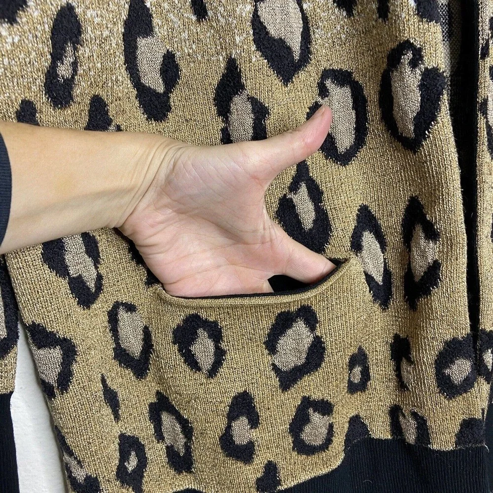 Ann Taylor Ombre Leopard Animal Print Pocketed Gold Metallic Cardigan Sz M - Picture 3 of 10